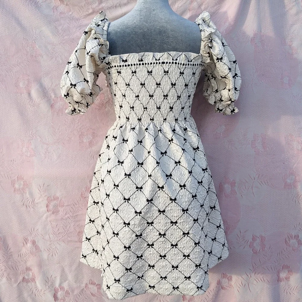 Bow Print Babydoll Mini Dress Small White Puff Sleeve Coquette Cottagecore - Picture 8 of 12